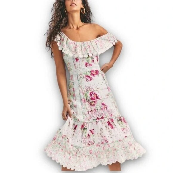 LoveShackFancy Faustine Floral Midi Dress Garden Glow Pink Size 00 NWT - Picture 2 of 8